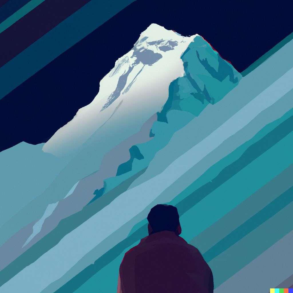 someone gazing at Mount Everest, futuristic print